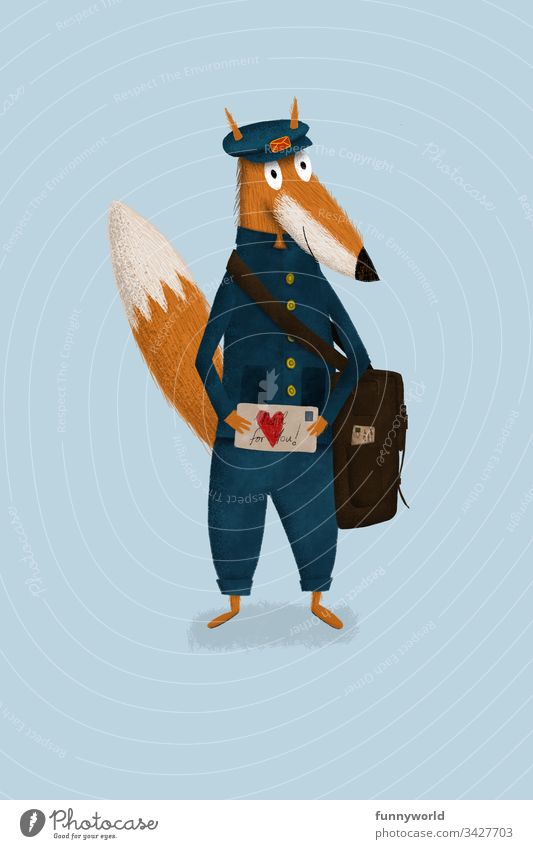 Illustrated fox as postman would have love letter in hand illustration Fox Cute Love letter Drawing Postman for children Illustration Art Copy Space Blue