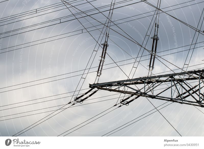 rope team | complicated situation Electricity pylon Sky Transmission lines High voltage power line Technology Cable Energy industry Energy crisis Clouds Day