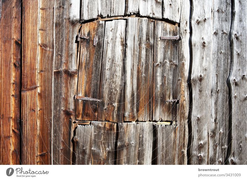 Window hatch on old wooden barn Wood Barn Hatch Old Hut Detail Wooden wall Wall (building) Facade Building Brown Structures and shapes