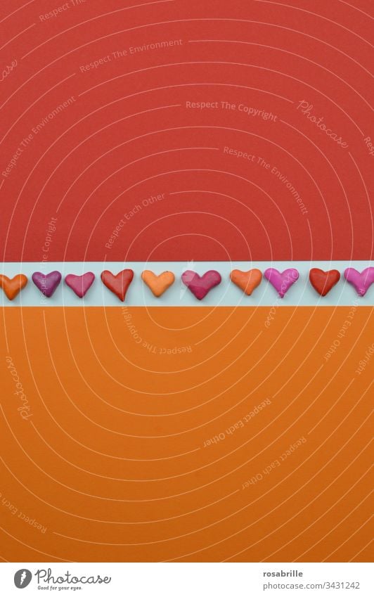 Hearts as a ribbon on white between orange and red | colour combination cuddle Red Orange Love Abstract Free space Copy Space Band Stripe White pink purple