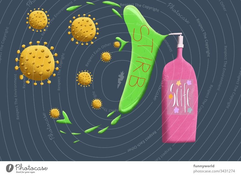 Illustration of soap that kills the corona virus Soap Virus coronavirus covid-19 Washing hands Kill Wash hands neat Disinfection illustration Drawing hygiene