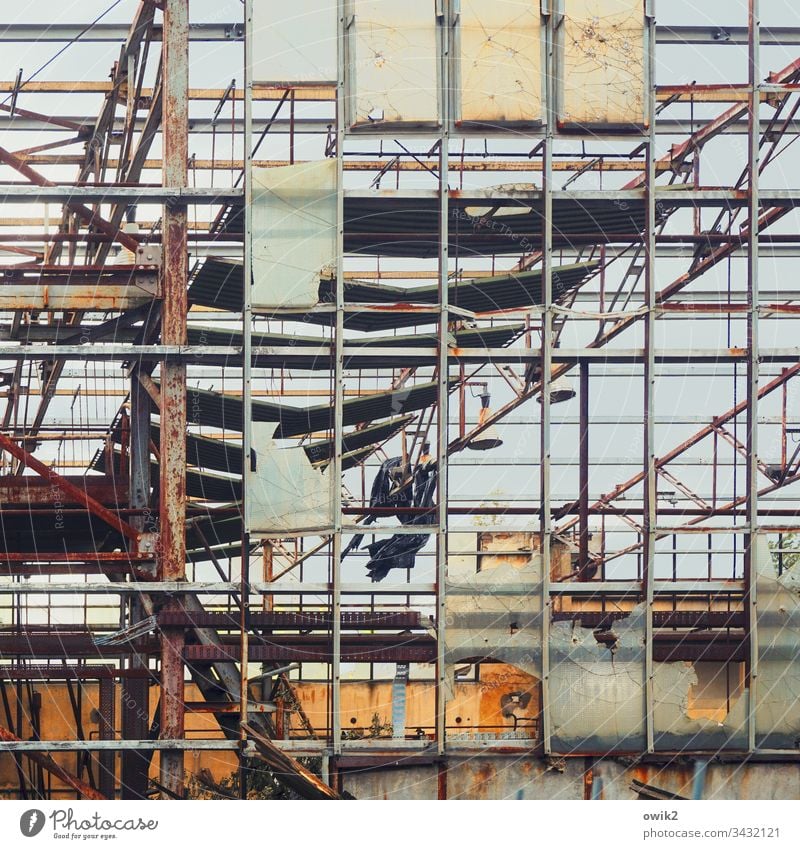 Transparent outline Grating dilapidated Old Framework Metal Deserted Colour photo Exterior shot Wall (building) Structures and shapes Decline Facade Destruction