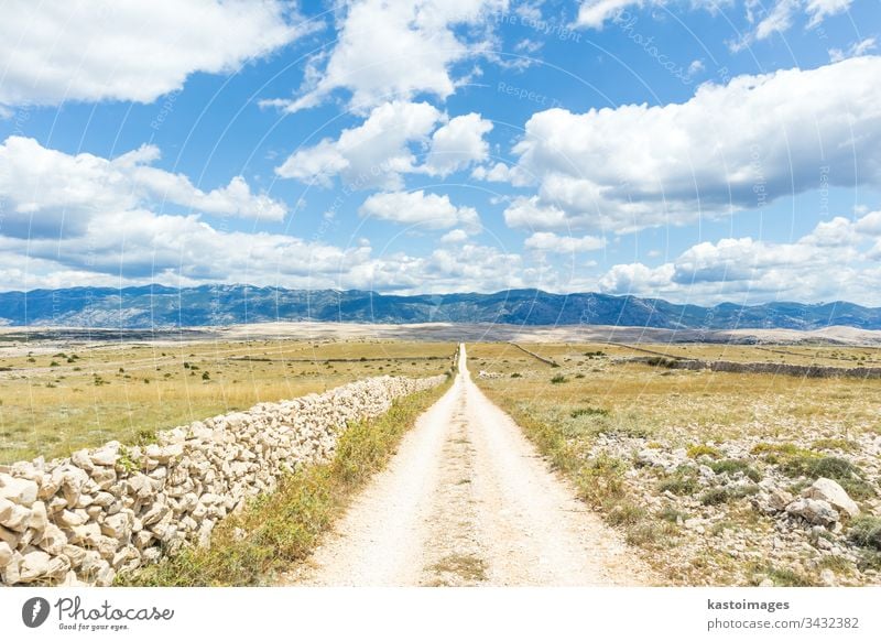 Dirt road leading trough dry rocky Mediterranean coastal lanscape of Pag island, Croatia in summertime nature beauty beautiful croatia tourism outdoors