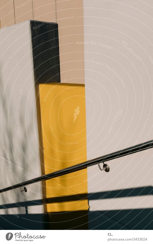 wall and handrail Wall (building) Stairs Yellow Concrete Architecture Sharp-edged Metal Upward Wall (barrier) Deserted Structures and shapes Colour photo