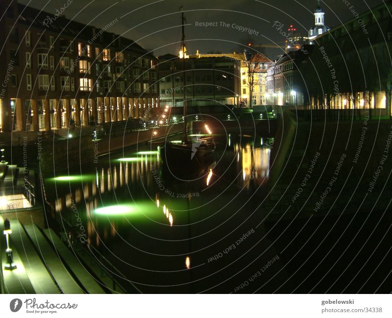 Night in the harbour Watercraft Fishing boat Light Long exposure Architecture Duesseldorf Harbour