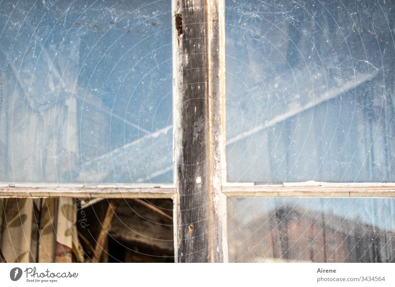 Partial opening Window Broken Broken glass glass break Window pane Old built Decline Transience Destruction Uninhabited Derelict Pane shattered shards Sadness