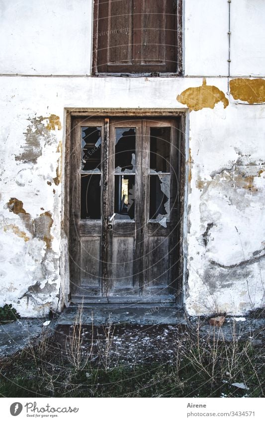 Running open doors outline Tumbledown Broken Derelict Ruin Glass shattered shards Pane Window pane Broken glass glass break smashed window corrupted Brittle