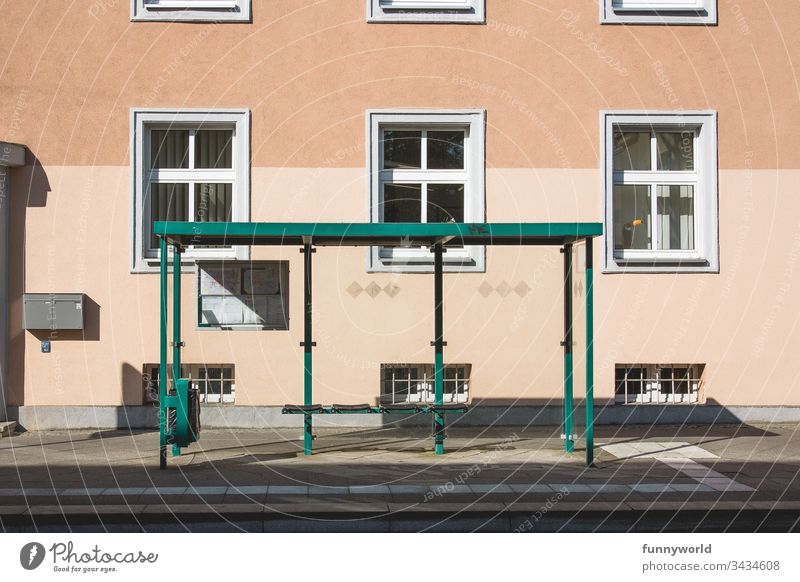 Lonely bus stop without people Bus Transport Street Empty empty streets insulation no people Window House (Residential Structure) Tourism Town Building