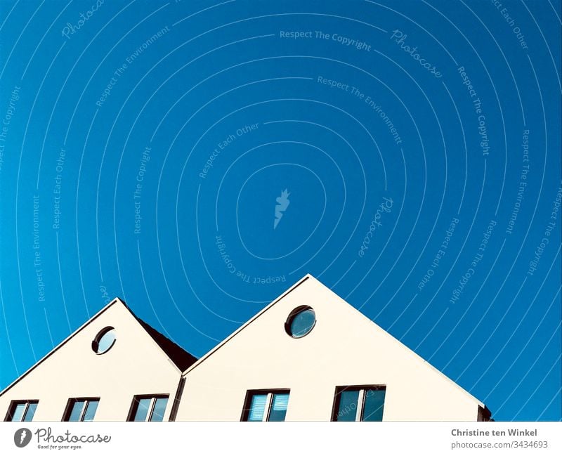 White gables before blue sky pediment Window White plaster houses House (Residential Structure) Sky Blue sky house gables walls Sharp-edged Round Facade