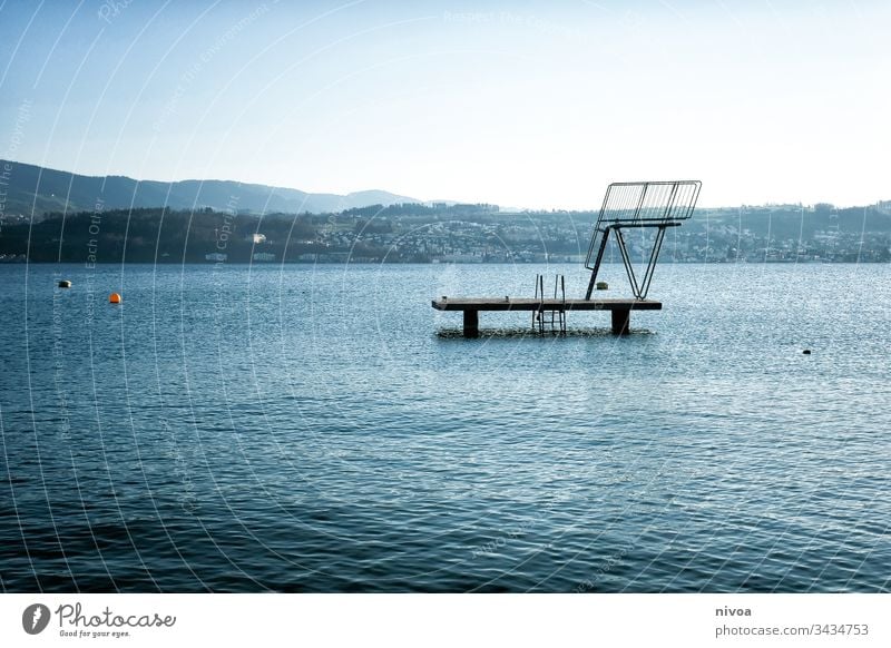 diving platform Lake zurich Zurich Water Sky Town Switzerland Exterior shot Colour photo Landscape Architecture Reflection Contrast Footbridge Deserted Nature