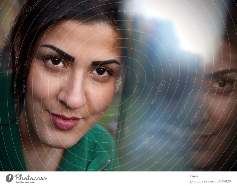 Estila Prism reflection Glass fragment Experimental Sky Long-haired straight Direct Looking Dark-haired portait Woman