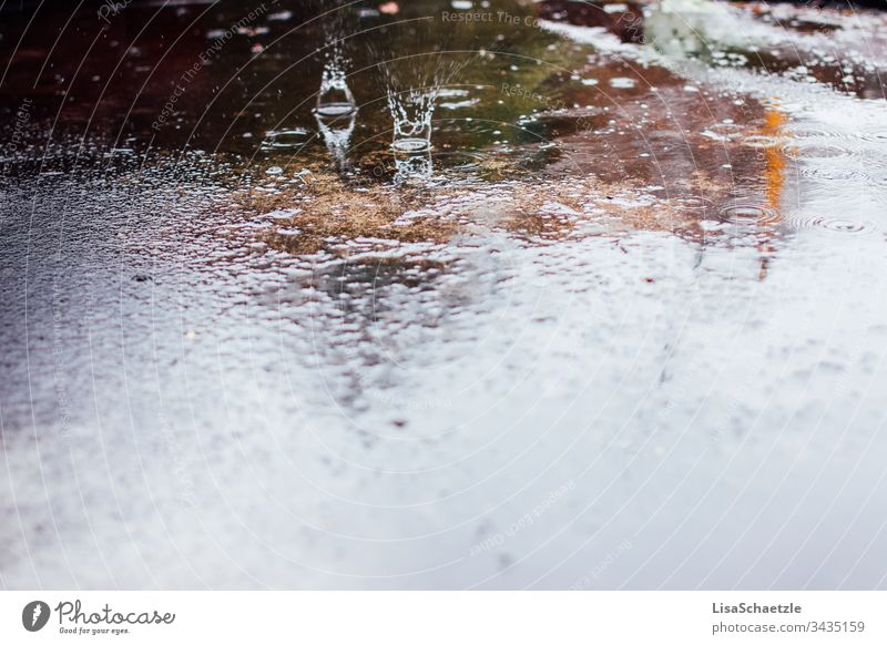 Water drops hit wet asphalt. A rainy day on the road. Rain Drop Wet reflection Ground quality Abstract Wall (building) Cold Blue decorations White areas Grunge