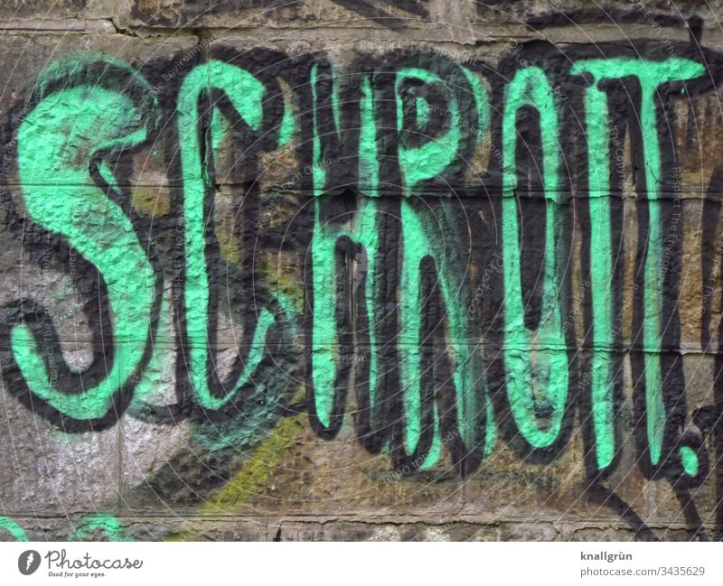 The word scrap metal sprayed as graffiti on a wall Graffiti Communicate Characters Word Neon green Green Letters (alphabet) Typography Sign Capital letter