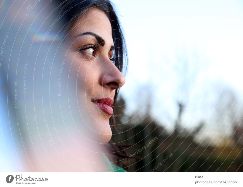 Estila Woman feminine Feminine portrait Profile daylight Sky Garden Prism reflection kind inquisitorial Beautiful Interest vigilantly Dark-haired Wanderlust