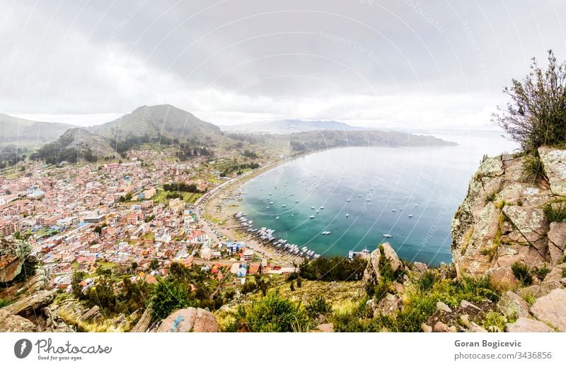 View at town Copacabana on Titicaca lake in Bolivia titicaca bolivia copacabana landscape view water beach travel nature latin america harbor destination south