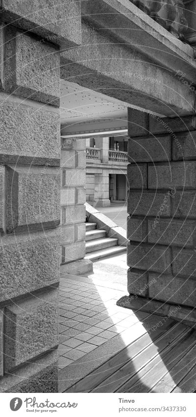 Passage in old masonry to a staircase and other parts of the building Wall (barrier) Building stone Stairs Balcony impressive Grand Old black-white pattern mix