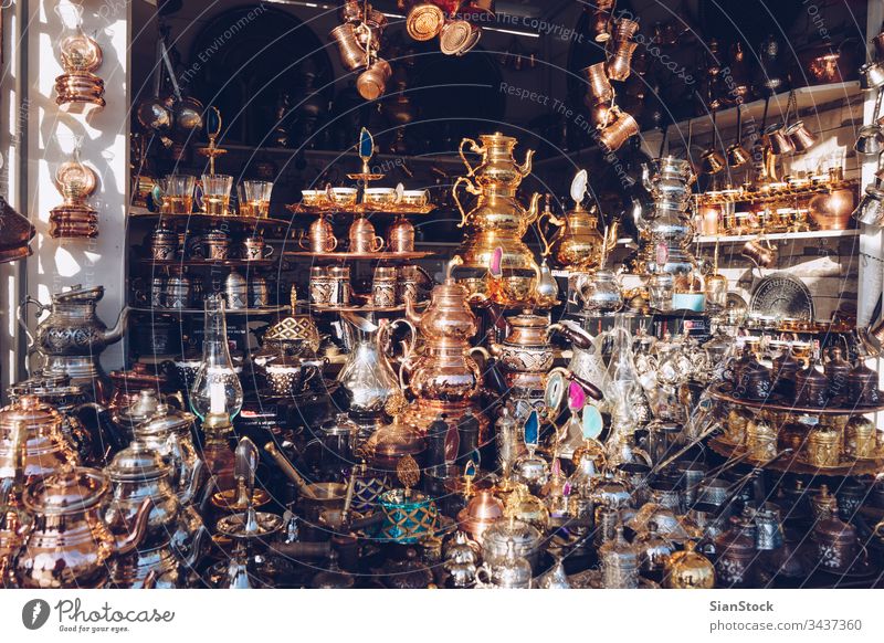 Traditional tea and coffee sets or teapots in  Istanbul - Turkey bazaar istanbul grand turkey turkish mug souvenir market traditional tourism design shop