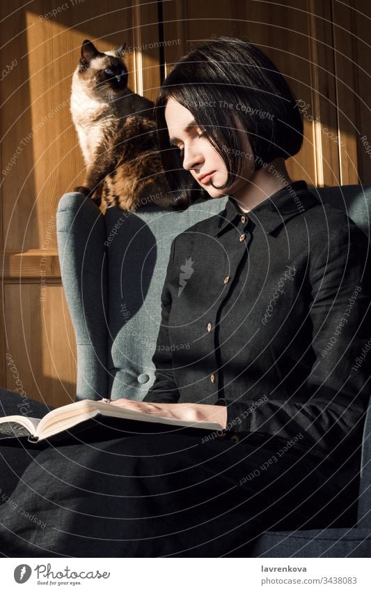 Portrait of young adult woman sitting in a chair and reading books with her cat behind her, slow living or leisure concept. selective focus cute animal domestic