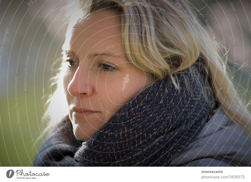 Young lady with scarf in winter Life Feminine Young woman Human being 30 - 45 years Adults Think Wait Authentic Moody Blonde natural Reliability Colour photo