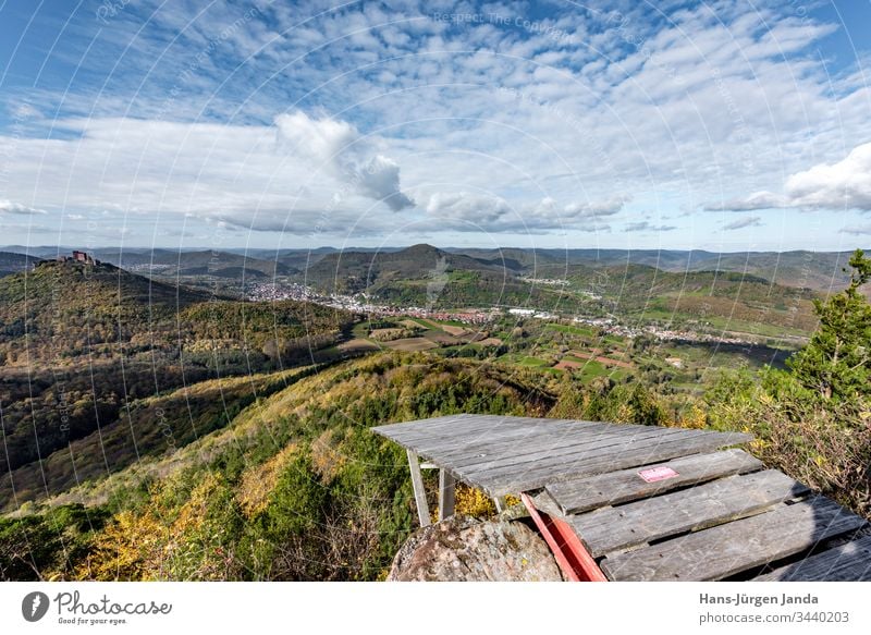 Paragliding launch site on a mountain top with view of the Palatinate Forest (Germany) Sky cloud formation Nature panorama Blue Green burgenland Tall Freedom