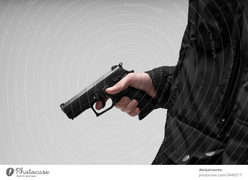 Hand With Pistol on white background aggression aiming ak armed assault balaclava bandit black crime criminal dangerous firearm gangster gloves gun hand