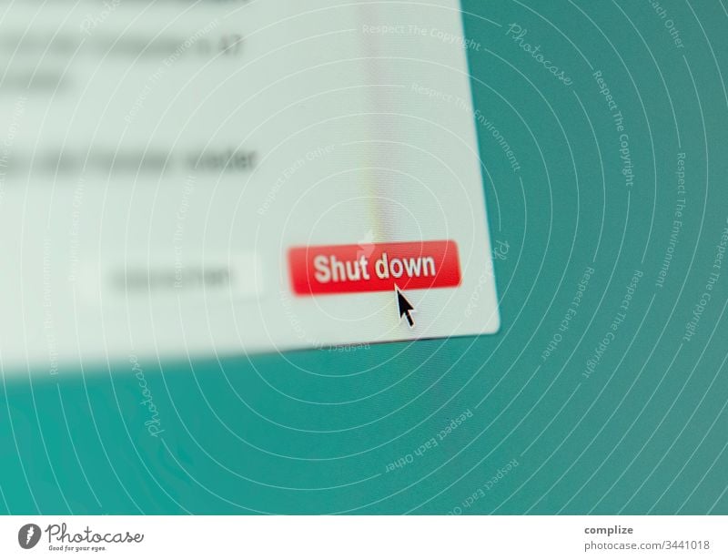 Shut down Computer Screen Button shut down Internet Side Website Corona virus Crisis button knob cursor from End Economy business insulation corona crisis