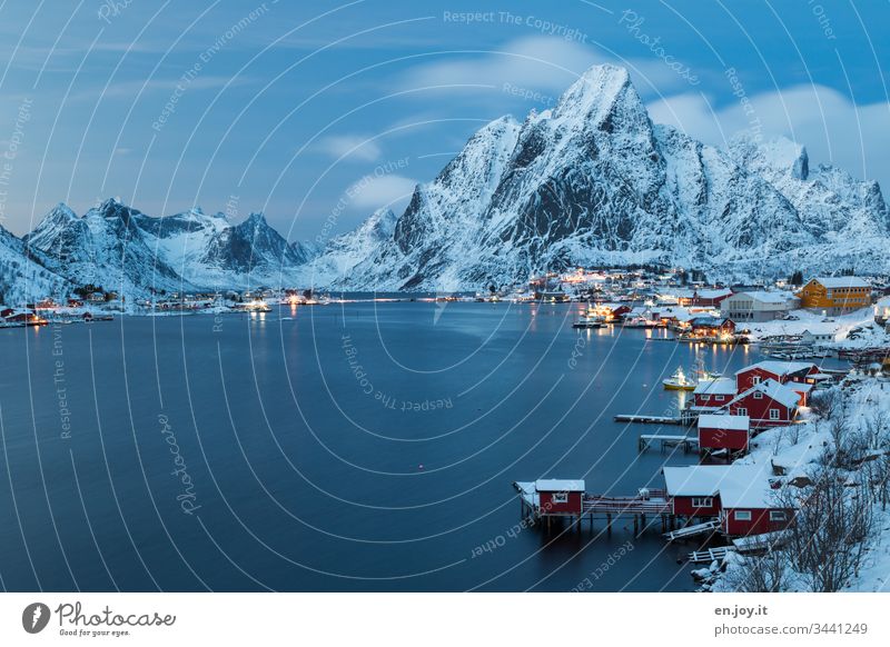 Snowy small town at the fjord in front of Bergen at the blue hour Blue vacation famous Tourist Attraction Small Town Water Night Evening Idyll Light