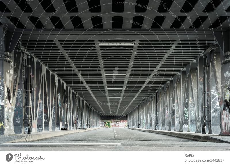 Steel construction bridge in the port of Hamburg. Bridge Town Transport traffic Manmade structures Street River river Construction statics Strength