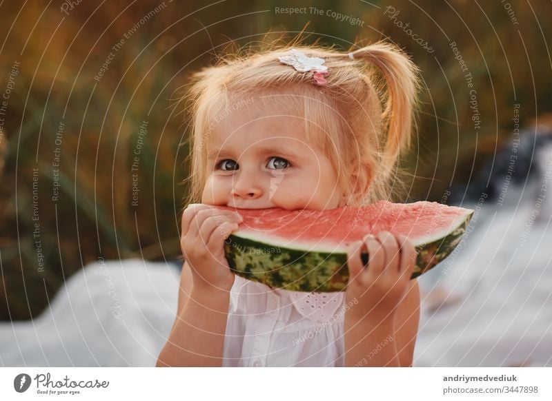 Funny portrait of an incredibly beautiful Red-haired little girl eating watermelon, healthy fruit snack, adorable toddler child with curly hair playing in a sunny garden on a hot summer day. portrait