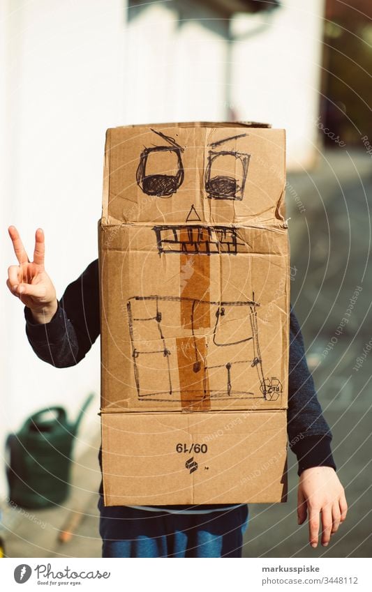 Child robot cardboard Infancy Boy (child) Playing Joy Robot Cardboard packaging Creativity Creative concept Digital Analog Kindergarten stay at home Happy