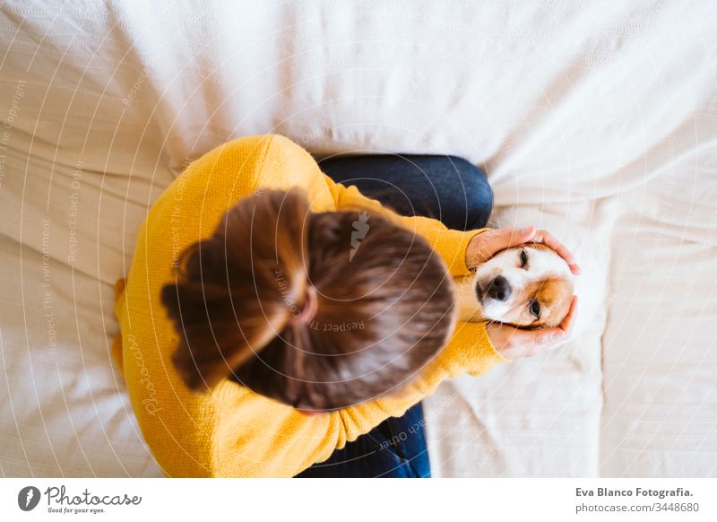 young woman hugging her cute small dog at home, sitting on the couch, wearing protective mask. Stay home concept during coronavirus covid-2019 pandemic