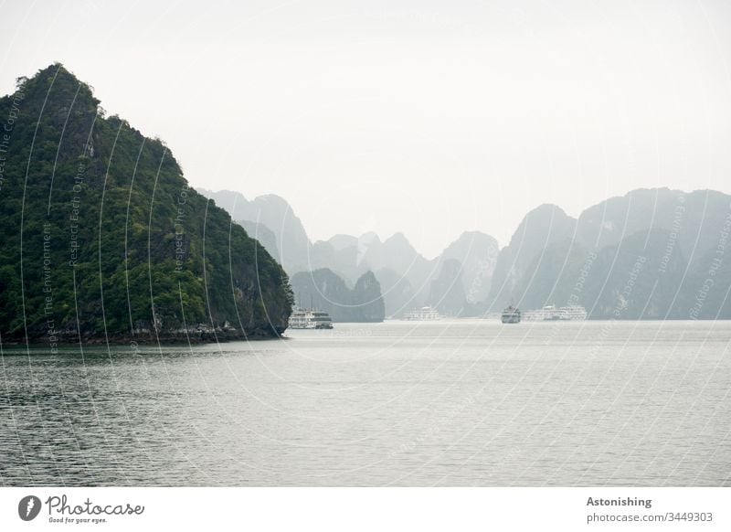 Rock in Halong Bay, Vietnam Ha Long ocean vacation voyage Shadow Exotic Fog Copy Space top Beautiful Light Weather Gray plants Vantage point Hard Steep