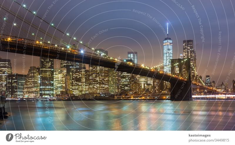 Brooklyn bridge at dusk, New York City. new york manhattan America city skyline brooklyn usa skyscraper new york city cityscape illuminated architecture sunset