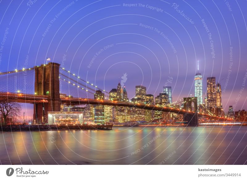 Brooklyn bridge at dusk, New York City. new york manhattan America city skyline brooklyn usa skyscraper new york city cityscape illuminated architecture sunset