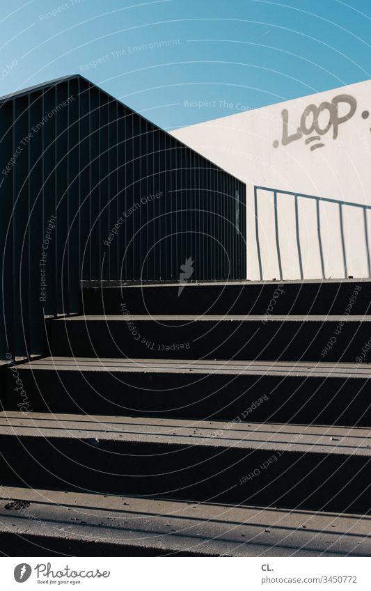 outside staircase Stairs External Staircase stagger Stage Sky Abstract Blue sky clear Shadow Sharp-edged loop writing Typography Graffiti Upward Handrail