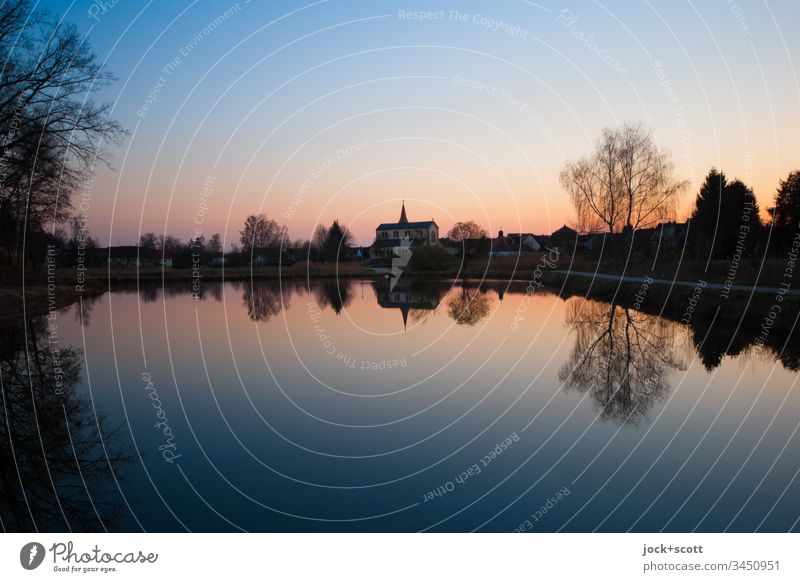 Church at the carp pond at sunset Panorama (View) Low-key Reflection Silhouette Idyll Romance Illuminate Sunset Back-light Pond Light (Natural Phenomenon)