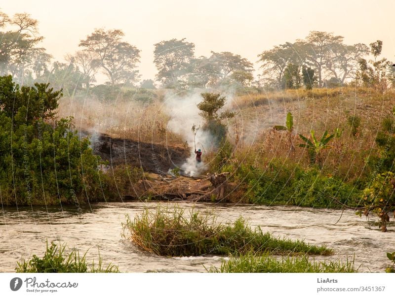 Bush fire in Uganda at the Nile, Africa nile river burning Africans River Fire sunset Sunset River bank Landscape Nature