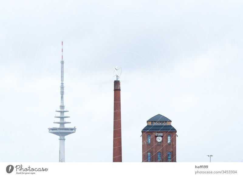 three towers with street lamp City scene urban still life urban chic Television tower Telecommunications tower Chimney Boiler hall Bremen minimalism Skyline