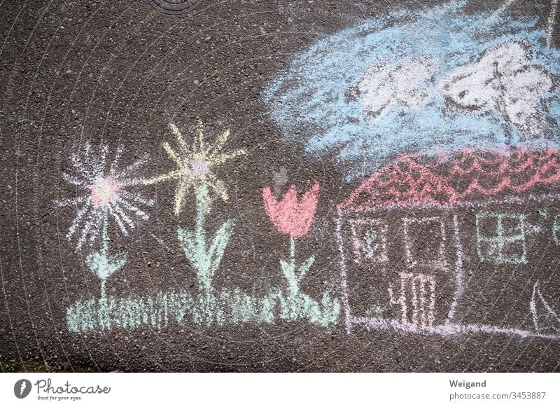 kindergarten street chalk Kindergarten Painting (action, artwork) Street flowers Mother's Day House (Residential Structure) House building Parenting