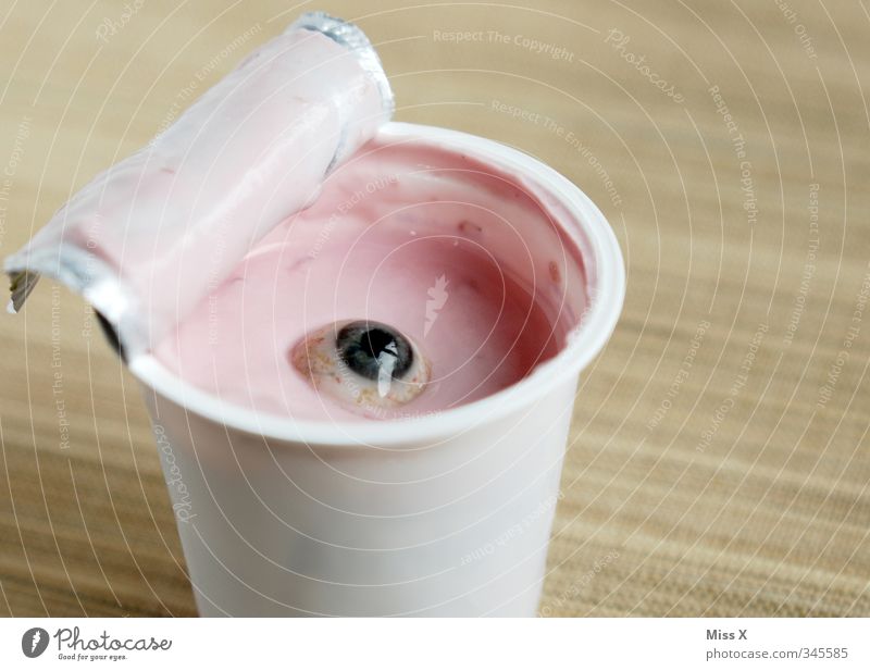 Augighurt (view upwards, view into the camera) Food Yoghurt Dairy Products Eating Breakfast Eyes Looking Disgust Funny Crazy Bizarre Mug Yoghurt glass Glass eye