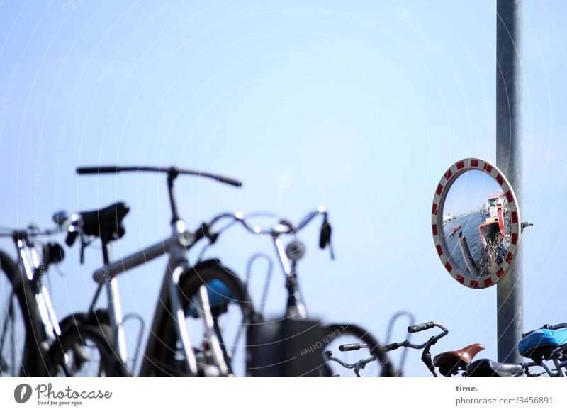 fiets en verboot Bicycle Parking lot Mirror Ferry Water Parking space Sunlight Bicycle handlebars reflection Sky Beautiful weather