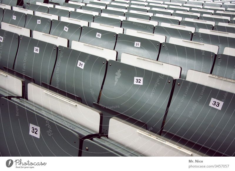 Empty rows of seats Row of seats folding seat Digits and numbers Lecture hall Event Audimax Auditorium Seating Places Audience Stands Seminar university School