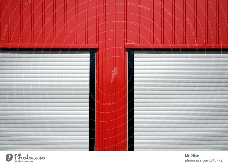 t - home Industrial plant Building Facade Window Living or residing Red Window frame Roller blind Roller shutter Closed Corrugated iron wall office container T