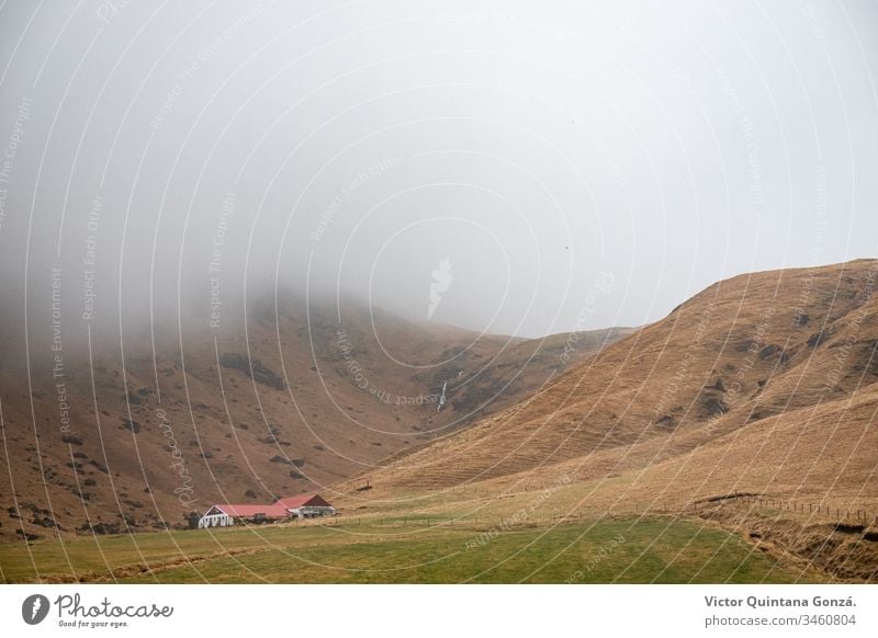 Hillside house in Iceland cropland dawn driving europe excursion fog grass hay hill landscape light meadow mist mountain movement nature no person outdoors