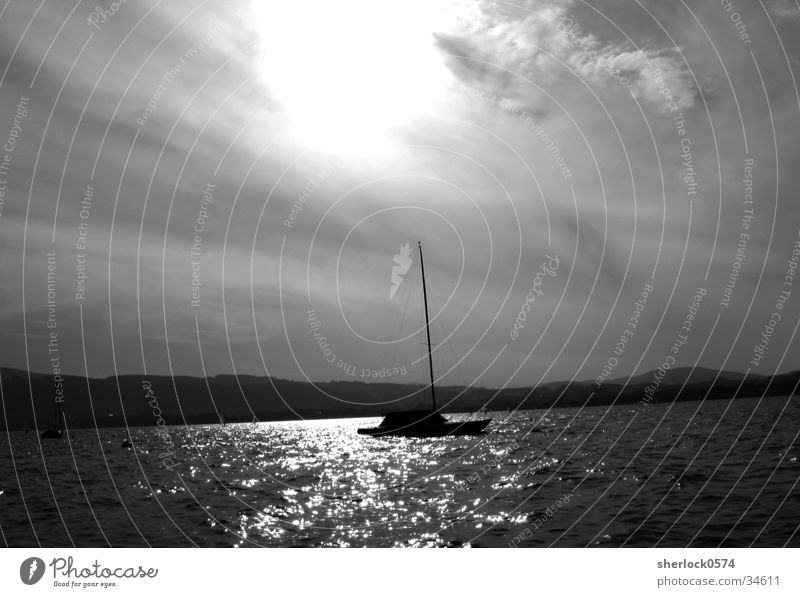 Day at the lake Summer Watercraft Lake Back-light Waves Clouds Black White Sky