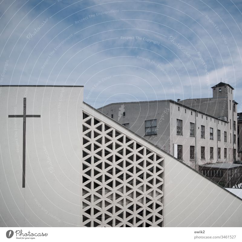 Methodist Church Modern Sharp-edged Facade Pattern Ornament Concrete Crucifix Christian cross Free Church Saxony Flöha Erz Mountains Factory Old vacant Building