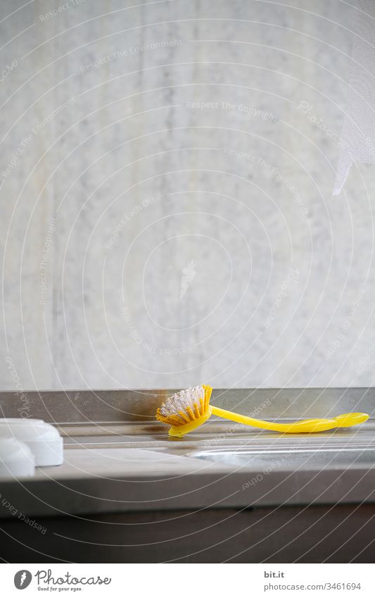 There she lay, the yellow washing-up brush, completely exhausted from scrubbing. dishwashing brush hygiene neat Clean Cleaning Healthy Cleanliness Purity