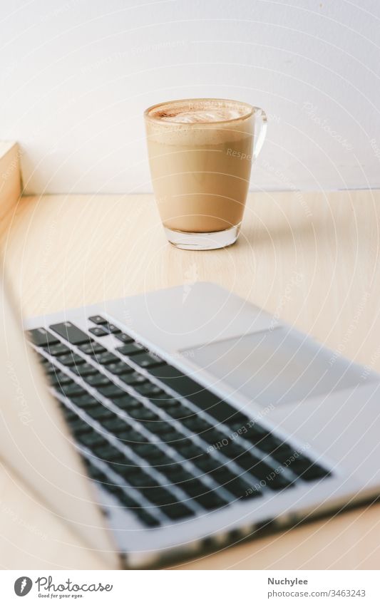 Workspace in the cafe with computer laptop and latte coffee, lifestyle and business concept background beverage break cappuccino communication connection