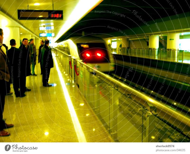 transrapid Maglev train Station Passenger Rear light China Shanghai Asia Speed Transport Wait Ski-run Clean Handrail Display Colour photo Train station