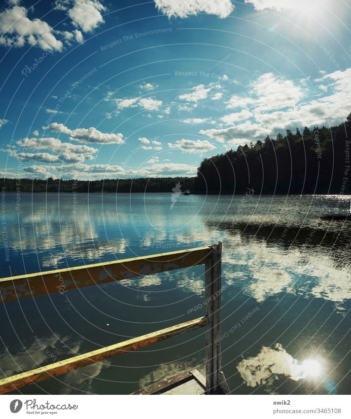 borderline experience Lake Horizon Idyll Water Surface of water Reflection Calm Forest Mecklenburg-Western Pomerania Brandenburg Sky Clouds Footbridge jetty